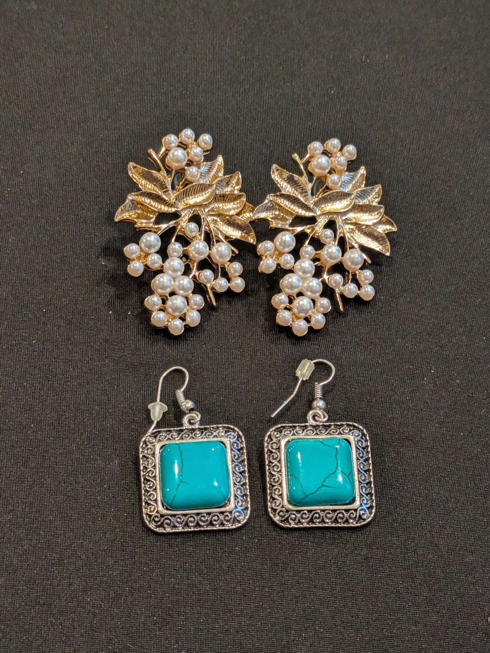 Gold Leaf Pearl Cluster Earrings & Turquoise Square Drop Earrings - Set Of 2